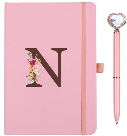 Sinekong Diario de Viaje con inicial Cuaderno de Cuero con Bolígrafo de Diamante de Corazón, Diario Personal para Hija Niña Mujeres Amigas Profesores Cumpleaños Graduación Día de la Madre Rosa (N)