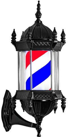 SAeWare LED Barber Pole, 58Cm Illuminated Rotating Hair Salon Sign Light Outdoor Waterproof Vintage Wall Mounted Lamp, Black Lampshade,Red Blue White Stripes (Red Blue White Stripes)