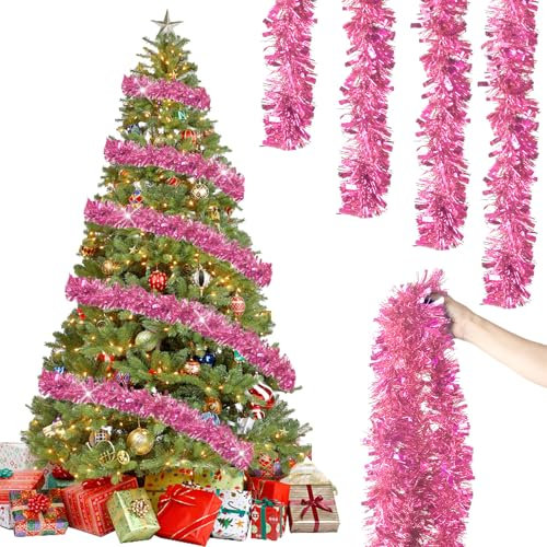 6 Stück x 2M Weihnachten Lametta Girlande, Lametta Girlande Weihnachtsgirlande, Glitzernd Girlande Weihnachten Innen-Und Außen für Weihnachtsbaum Weihnachtsfeier, Lametta Weihnachtsdekoration Rosa