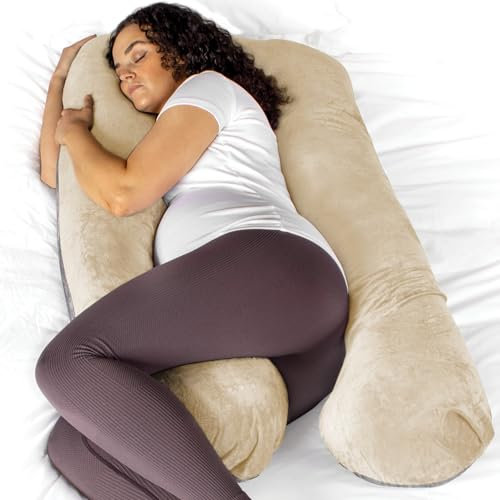 Aamira Cream & Dark Grey Two-tone Pregnancy Pillow, U Shaped Shredded Memory Foam Maternity Pillow, Full Body Support Pregnancy Pillows for Sleeping, Machine Washable & Removable Velvet Cover