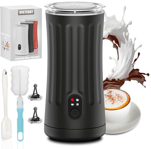Ovetedot Milchaufschäumer, 4-in-1 Milchaufschäumer Elektrischer für Heißen und Kalten Milchschaum, Automatische Abschaltung Kaffee Aufschäumer für Latte, Macchiato, Cappuccino(Schwarz)