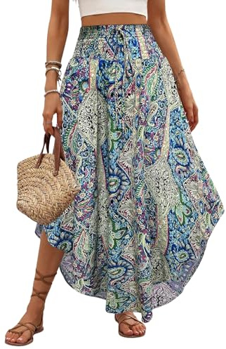 GORGLITTER Gonna maxi da donna, modello Paisley, gonna lunga, asimmetrica, estiva, per le vacanze, leggera, maxi gonna, estiva, da spiaggia, verde, M