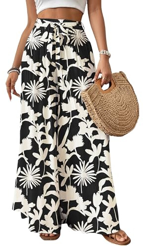Bsubseach Pantalon à jambes larges pour femme - Pantalon palazzo floral fluide pour femme - Taille haute - Pantalon d'été décontracté - Tenues de croisière, Noir à imprimé, Taille S