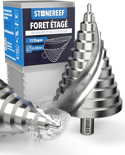 Trapano a gradini 6 – 60 mm in HSS 4241 – scanalatura elicoidale con gambo da 12 mm – Punta conica per sbucciare metallo plastica legno – Punta extra grande per fori precisi