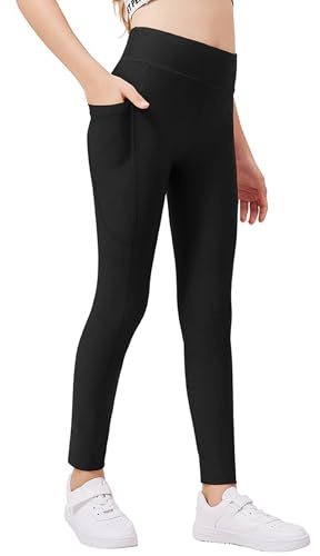 Arshiner Flickor leggings tunn fleece fodrade sporttights barn hög midja termiska byxor vinter fitnessbyxor med fickor 5-14 år