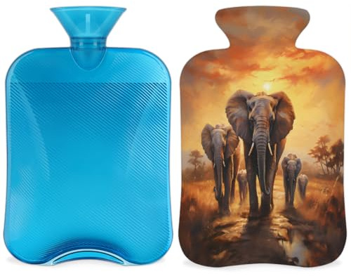 African Elephant Hot Water Bottle with Cover, Sunset Elephant Pattern 2L Hot Water Bag for Pain Relief, Neck and Shoulder, Hand Feet Warmer