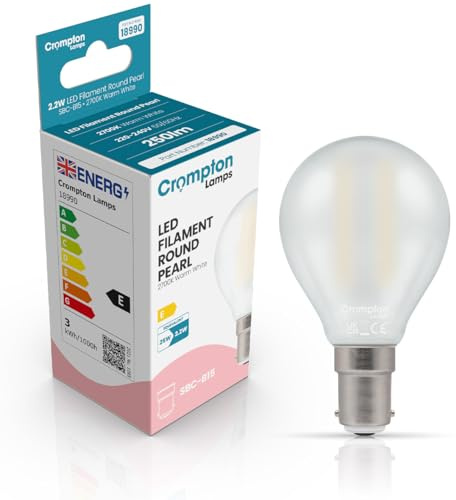 Crompton Lamps Filament Golfball LED Light Bulb SBC-B15d | 2.2W = 25W Equivalent | Warm White 2700K | Energy Efficient | Small Bayonet Lightbulb | Long Life 15,000-Hrs | Pearl Glass