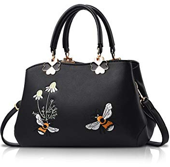 NICOLE&DORIS Women Top Handle Handbags Designer Embroidery Handbag Fashion Shoulder Bag PU Leather Ladies Crossbody Bag Purse Tote Bag Black Bee 2