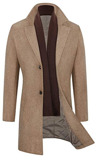 WULFUL Men Wool Trench Coat Slim Fit Winter Coat Coffee Large