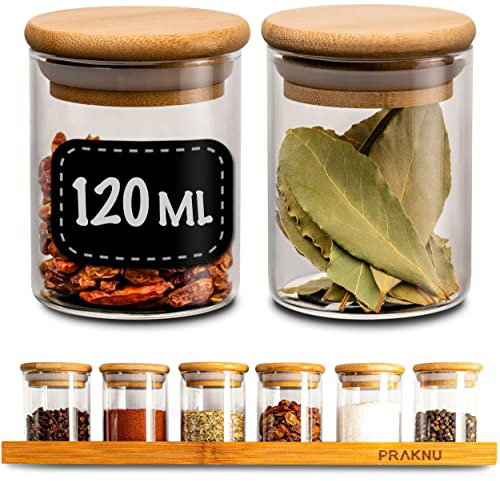 Praknu Pots à Épices en Verre avec Couvercles et Étagère - 6 Pots x 120 ml - Récipients pour Épices de Cuisine - Hermétique - avec étiquettes - Lavable au Lave-Vaisselle - Épices, Herbes et Thé