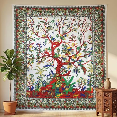 THE ART BOX Tapestry White Tree of Life Wall Hanging – Indian Cotton Twin Bedspread, Picnic Sheet, Wall Decor, Blanket, Wall Art for Bedroom (Twin, 82x54 Inch)