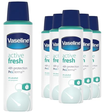 Vaseline Active Fresh Skin Care Antiperspirant Deodorant with ProDerma Technology for 24H Protection with 0% Alcohol 150 ml Pack of 6