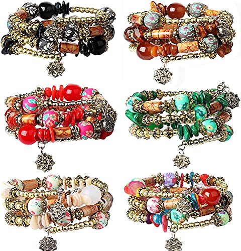 LOLIAS 6 Sets Bohemian Stackable Bead Armbänder Stretch-Armband Coil-Armband für Damen Mehrschichtiges Armband Armreifen Set Mode Perlen Schmuck