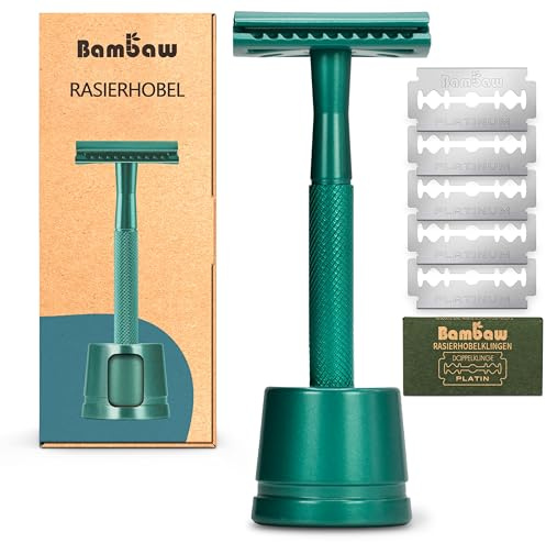 Bambaw Double Edge Close Comb Safety Razor with Stand, Shaving Razor for Men with 5 Safety Razor Blades, Reusable Eco Freindly DE Metal Razor – Sea Green