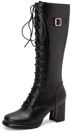 JIEEME Z529-3S - Stivali alti al ginocchio, con chiusura lampo, tacco alto con lacci, realizzati a mano, da donna, taglia grande, Nero , 38.5 EU