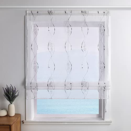 ESLIR Raffrollo Weiß Raffgardine mit Klettband Gardinen Küche Transparent Bändchenrollo Voile Bestickt Landhausstil Grau BxH 100x140cm 1 Stück