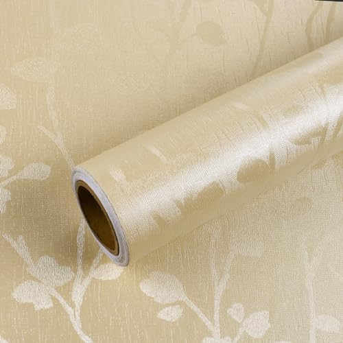 VEELIKE Klebefolie Beige Tapete Blätter Vintage Blumentapete Möbelfolie Selbstklebend Folie für Möbel Küchentapete Wand Abwaschbar Wandtapete Esszimmer Tapeten Wohnzimmer Schlafzimmer 40cmx300cm