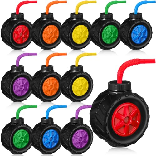 Mifoci 12 Pack Monster Truck Cups for Kids Party 17 Oz Plastic Tire Shaped Cups Construction Monster Truck Birthday Decorations for Tractor Theme Wheel Themed Birthday Party Supplies