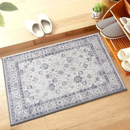 Hafaa Machine Washable Bedside Small Rug 40x60 cm - Soft Short Pile Grey Area Rugs For Bedroom Entrway Non Slip Floor Carpet Traditional Vintage Design Cashmere Door Mat For Kitchen Bathroom, Serene