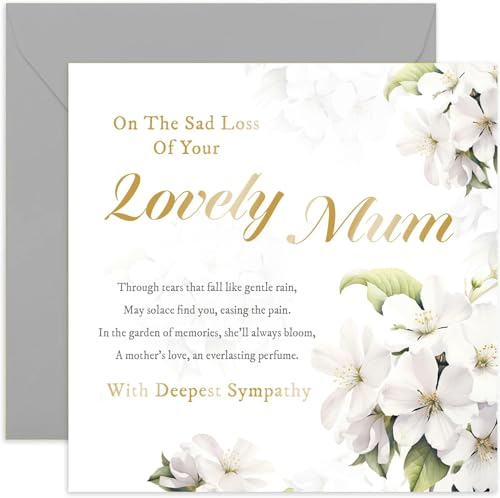 Biglietto di condoglianze con fiori bianchi e scritta On the Sad Loss of Your Lovely Mum, biglietto per condoglianze e condoglianze, per adulti, biglietti per adulti con scritta in lingua inglese