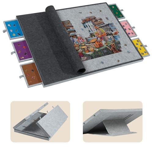Tektalk Table de Puzzle Pliable de 2 000 pièces avec Couvercle, Plateau de Puzzle à 3 Angles d'inclinaison, Planche de Puzzle en Feutre Super légère et Portable avec 6 tiroirs de tri, Gris Clair