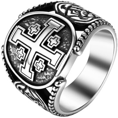 JewelryWe Jerusalem Kreuz Ring Herren: Edelstahl Herren-Ring Religiöse Kreuz Siegelring Punk Hip Hop Fingerring Männer Biker Bandring Kreuzritter Amulett Christlich Katholisch Schmuck Silber Größe 65