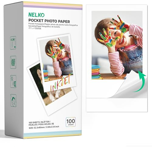 Carta Fotografica Premium Nelko 52.3x90mm (2.06x3.54) – Confezione da 100 Fogli Originali per Stampante Tascabile PP01, con Retro Adesivo, Facile da Staccare e Compatibile, Bianco