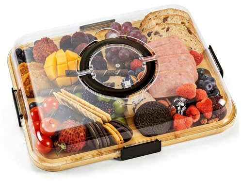 Tablas de embutidos con tapa y asa, tabla de queso portátil de bambú con 6 compartimentos, bandeja para servir carnes, frutas y snacks, cajas de embutidos y tablas de cortar para la inauguración de la