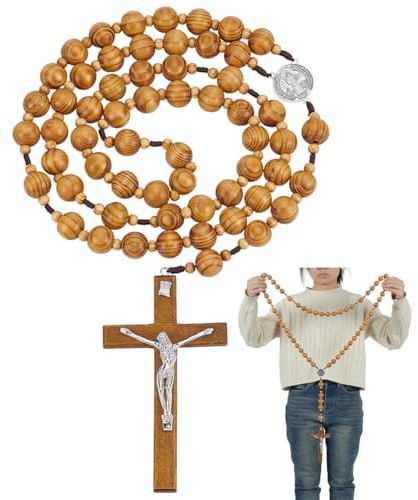 ORIGACH 2 pezzi grande croce rotonda fatta a mano con rosario in legno, decorazione da parete in legno massiccio, croce cristiana con motivo Gesù, regalo per chiese e decorazione della casa
