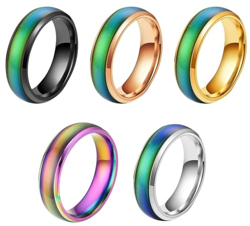 5PCS Rotatable Mood Control Rings, Stainless Steel Color Changing Ring, 1.6 cm 1.7 cm 1.8 cm Fashion Colorful Mood Rings for Kids Boys Women Daily Party Birthday Valentine's Day Anniversary