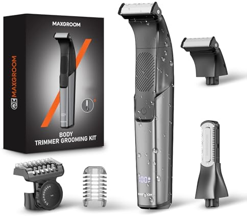 MAXGROOM 2-i-1 elektrisk kropp rakapparat män, IPX6 intim rakapparat man | Torr våt-rakapparat män elektrisk, USB-C rakapparat män för intimt område och kropp, LED-skärm, 120 g, Body Groomer