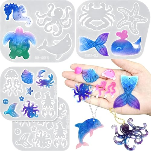 Juego de 4 Moldes Silicona Resina Epoxi, Estrella de Mar/Caballito de Mar/Tortuga/Cangrejo, Moldes para Joyería con Orificios, para Crear Colgantes, Pendientes Accesorios, Regalos Hechos a Mano