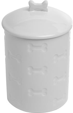 Park Life Designs Ceramic Treat Jar, Kitchen Countertop Container for Dogs, Cats, Puppies and More, Chic Container with Airtight Lid for Cookies, Biscuits and Treats (Manor) (Bones, White, 1.4 Qt)