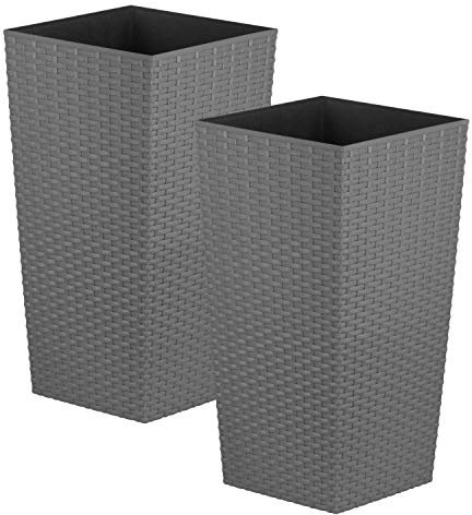 CrazzyGadget Tall Square Plastic Rattan Indoor/Outdoor Planters, Set of 2, Grey, 17 Litre