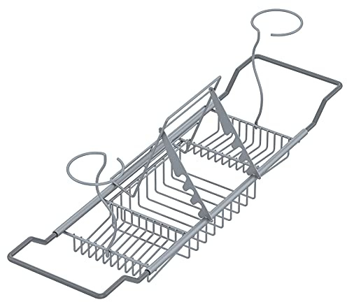 Mabel Home Vassoio regolabile per vasca da bagno, in acciaio inox, con supporti rimovibili per bicchieri da vino e porta libri (argento)
