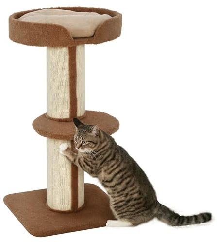 PawHut Tiragraffi ad Albero per Gatti con Cuccia, Cuscino e Morbido Rivestimento Marrone, Pali in Corda Sisal Ø16.5 cm, 45x45x91cm
