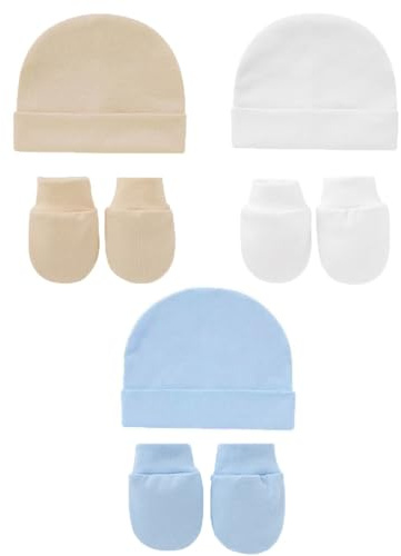 Snegyu Gorro de hospital de algodón para recién nacidos y guantes antiarañazos, juego de 0-3 meses para recién nacidos, niños y niñas, capó, gorros y guantes para bebés