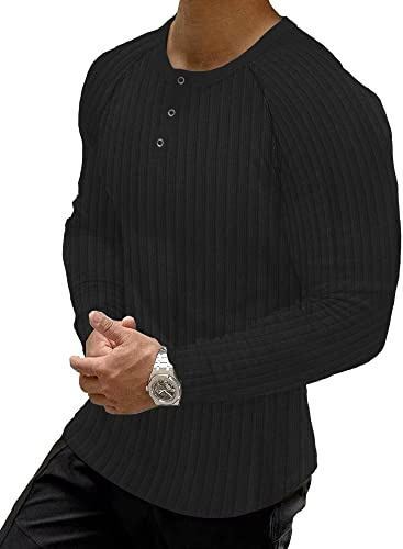 Muscle Cmdr Maglia Uomo Manica Lunga/Corte,Maglia Termica Uomo Manica Lunga,Cotone Camicie Muscolari Slim Fit（Nero/S）