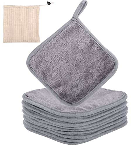 Hemiks 9 Stück Abschminktuch aus Mikrofaser, 15 x 15 cm Abschminkpads Waschbar Abschminktücher Waschbar, Wiederverwendbar Mikrofaser Gesichtsreinigungstuch mit Aufbewahrungstasche (Grau)