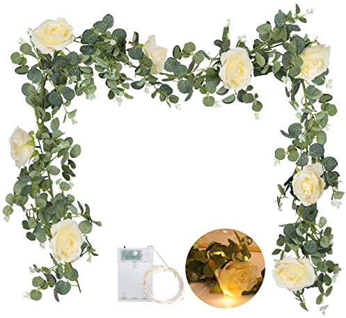 RECUTMS Artificial Rose Garland 5.9FT Faux Silk Flowers Vine with 30LED Fairy Light Fake Peony Hanging Floral Plants for Valentine's Day Arch Wedding Party Home Garden Indoor Outdoor Décor(Champagne)