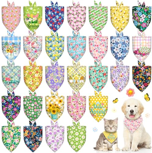 30 Pcs Spring Summer Dog Bandanas Bulk Floral Pet Scarves Bibs Adjustable Puppy Bandanas Girl Washable Flower Puppy Grooming Bandana for Small Medium Large Breed Dog Cat Pet Grooming Accessories