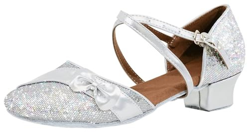 flexdans Girls Glitter Ballroom Dance Shoes, Latin Salsa Dance Shoes Tango Dancing Ballroom Closed Toe Dance Shoes for Kids Silver 38