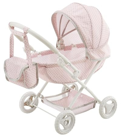 Olivia's Little World Polka Dot Princess Baby Doll Pram Stroller with Retractable Canopy & Storage, Pink