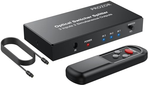 PROZOR 3-i-2-utoptisk splitter – 3-port SPDIF Toslink-brytare med IR-fjärrkontroll aluminiumlegering material stöder LPCM2.0/DTS/Dolby-AC3 med 1 m/3,2 fot optisk kabel för Blue-Ray DVD HDTV