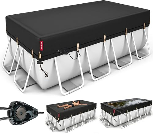 QH.HOME [2025 actualizado a prueba de viento] Cubierta rectangular de piscina de 12 x 24 pies con trinquete patentado de ajuste rápido, cubierta rectangular para piscinas sobre el suelo con anillos de