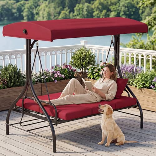 TLSUNNY 3 Seater Garden Swing, Convertible Glider Bed with Adjustable Canopy & Backrest, Heavy Duty Waterproof Outdoor Patio Swings Bench w/Removable Cushion for Backyard, Poolside, Balcony, Burgundy