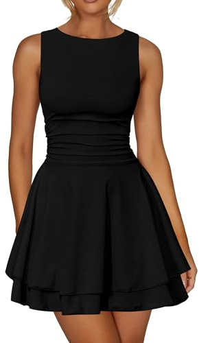 Kaximil Women's Ruffle Hem Boat Neck Mini Dress Sleeveless Ruched Corset Short Party Dresses, X-Large, Black