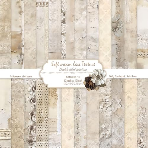 24 Sheets Scrapbook Paper Scrapbooking Supplies 12 x 12 Soft Cream Lace Texture Pattern Paper DIY Decorative Card Papers for Scrapbooking Photo Album Arts Craft Design Gift Card, 12 Designs/160Gsm