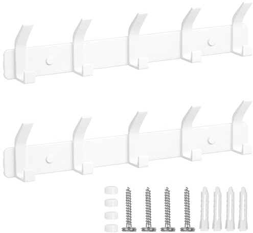 TENXSNUG Appendiabiti da Parete Set di 2, Attaccapanni da Muro Moderno Antiruggine con 5 Ganci, Appendi Abiti Attaccapanni Appendini da Muro per Cucina, Bagno e Camera da Letto, Bianco