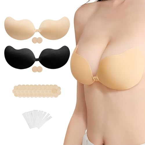 AWSOLAR 2 Pairs Sticky Bra Push Up, Backless Strapless Bras, Adhesive Bra for Weddings, Parties, Holidays(Skin+Black D)